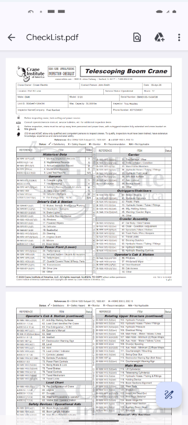 Screenshot of a completed Crane Checklist PDF sample showing the official checklist form populated with inspection answers, form fields, and embedded inspection photo documentation created from uploaded checklist data.
