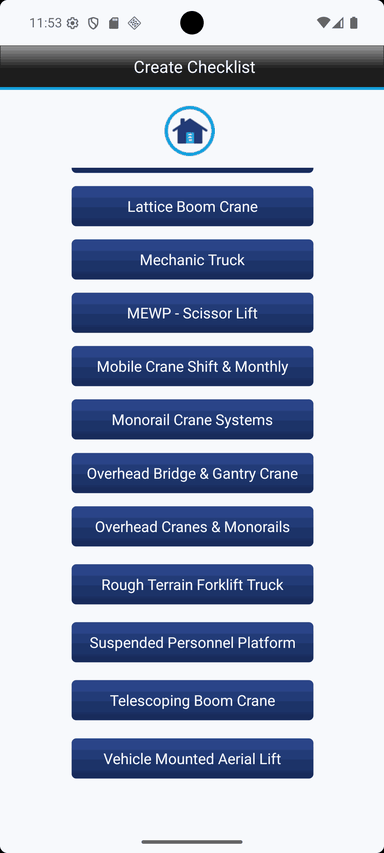 Screenshot of the Crane Checklist create new checklist screen showing the app toolbar and a form used to start a new checklist, including equipment and checklist selection fields that identify the inspection record before the inspector begins entering checklist answers.