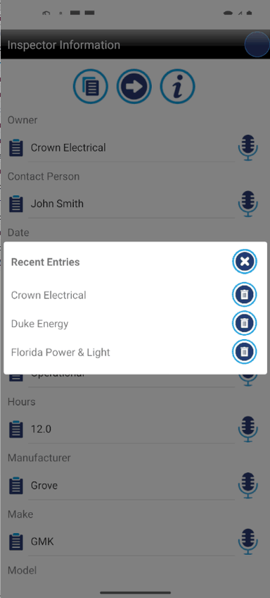 Screenshot of the Crane Checklist recent entries dialog opened from a data entry field, showing previously typed or spoken entries that the inspector can tap to reuse consistent wording without retyping the same text.