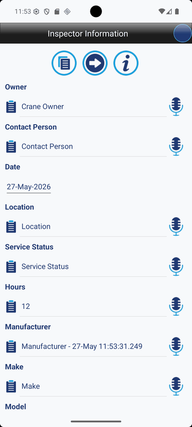 Screenshot of the Crane Checklist data entry screen showing checklist answer rows with status buttons, text entry areas, microphone or recent-entry controls, photo controls, help controls, and navigation icons used by the inspector while completing a checklist section.