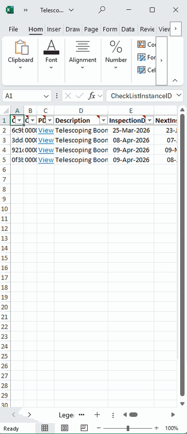 Screenshot of a Crane Checklist Excel export sample showing a spreadsheet-style output with rows and columns of checklist data, filters, and organized inspection records intended for reporting, review, AI analysis, audits, insurance, or legal documentation.