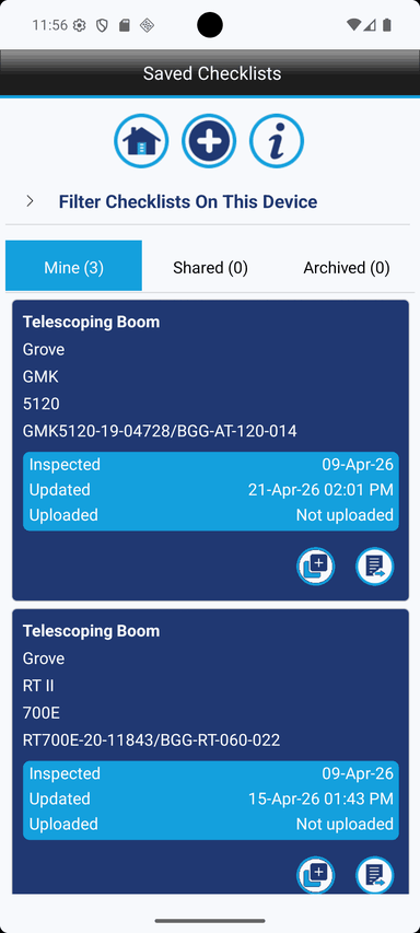 Screenshot of the Crane Checklist existing checklist selection screen showing a toolbar with action icons and a list of saved checklist records that can be opened, uploaded, downloaded, archived, unarchived, shared, exported, or used to generate a completed PDF depending on the selected action.