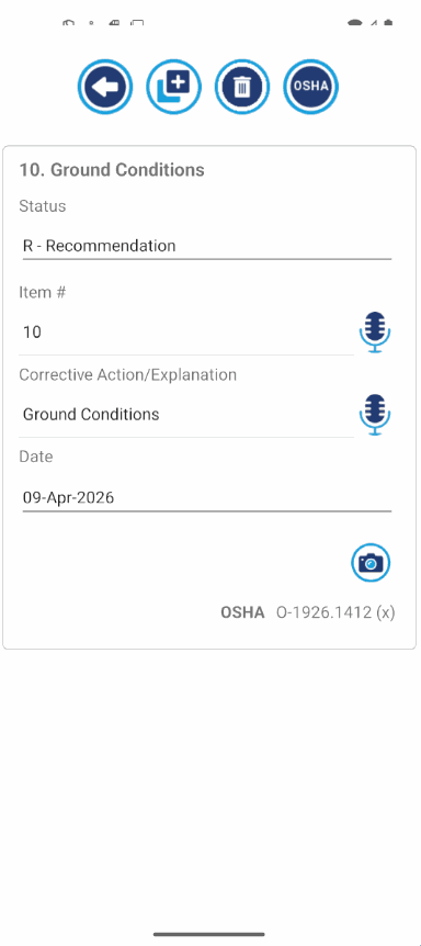 Screenshot of the Crane Checklist hazard details screen showing detailed hazard information, photo description or corrective action fields, and controls for reviewing or updating the information that will appear in the completed PDF and shared inspection data.
