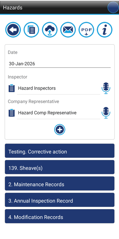 Screenshot of the Crane Checklist Hazard Lines list screen showing multiple hazard line entries with status information, item descriptions, corrective action text, dates, initials, and controls for reviewing or editing hazard-related inspection records.