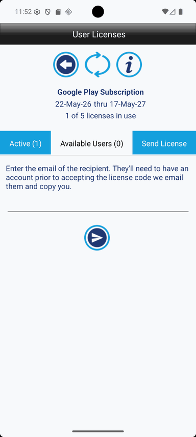 Screenshot of the Crane Checklist license invite screen showing fields and controls used to invite another user and provide a license activation code so that user can activate an assigned license.