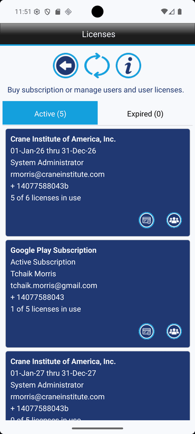 Screenshot of the Crane Checklist licensed subscription list screen showing subscription and license information, including app toolbar icons and subscription-related rows used to review available licenses and manage subscription-based access.
