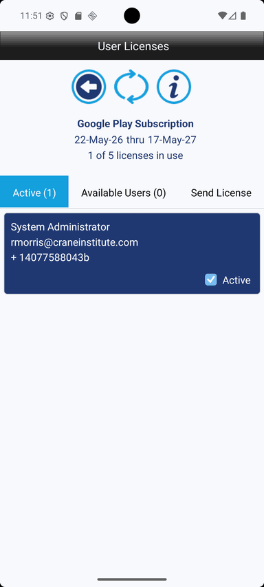 Screenshot of the Crane Checklist licensed user screen showing assigned licensed users, license status information, and controls for reviewing which users have access to licensed Crane Checklist features.