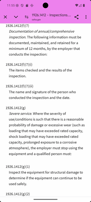 Screenshot of a Crane Checklist OSHA regulation information screen showing a regulatory reference opened from the help or regulation icon, with readable explanatory text and citation-style content used to help the inspector understand the requirement related to a checklist item.