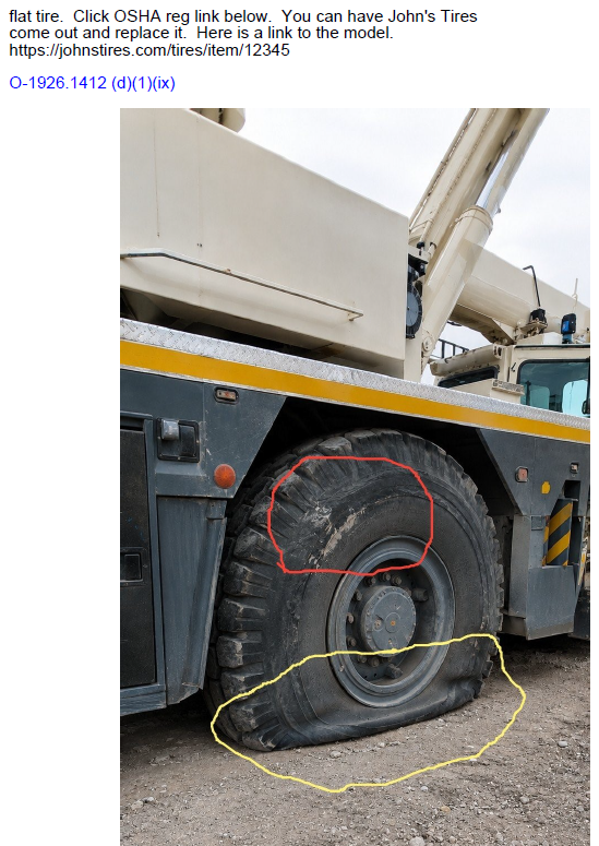 Screenshot of a completed Crane Checklist PDF photo page.&nbsp; Long text description, two different colored hand drawn circle identifying area in photo, and relevant OSHA regulation clickable link.