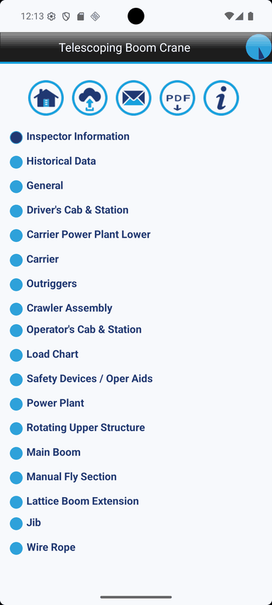Screenshot of the Crane Checklist section selection screen showing a list of checklist sections that the inspector can open, including toolbar icons at the top and navigation choices for moving through different parts of the inspection form.