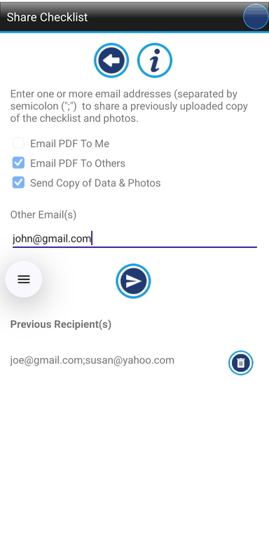 Screenshot of the Crane Checklist share data screen showing fields for entering one or more recipient email addresses, options related to sharing checklist data, and explanatory text about sharing uploaded checklist records with other users.