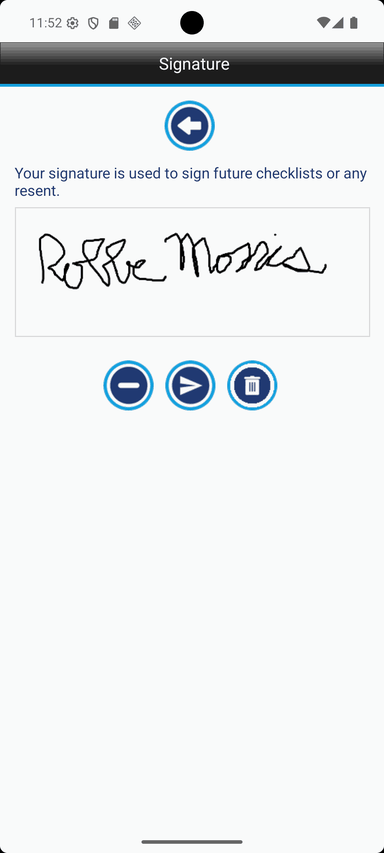 Screenshot of the Crane Checklist signature screen showing a signature capture area with controls used to collect and save an inspector or customer signature as part of the checklist record.